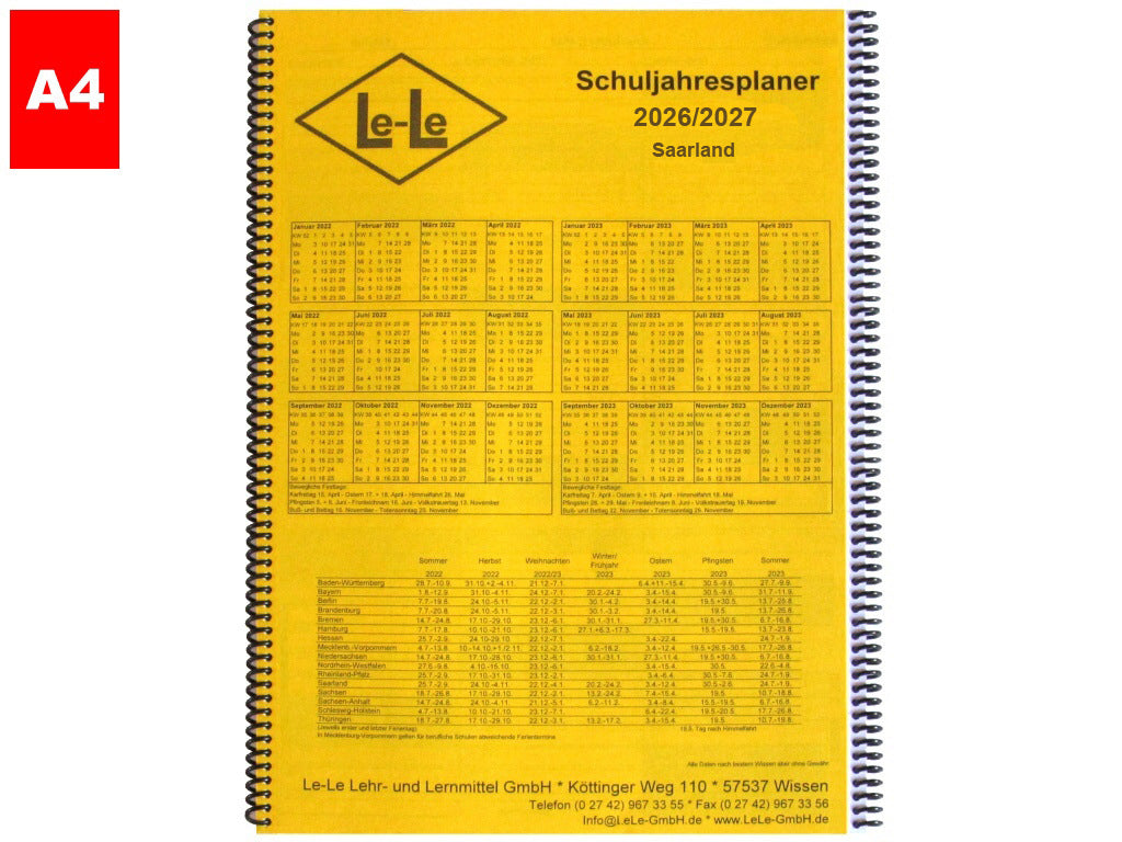 Le-Le Schuljahresplaner DIN A4 2026/27 Saarland/neutrale Ausgabe