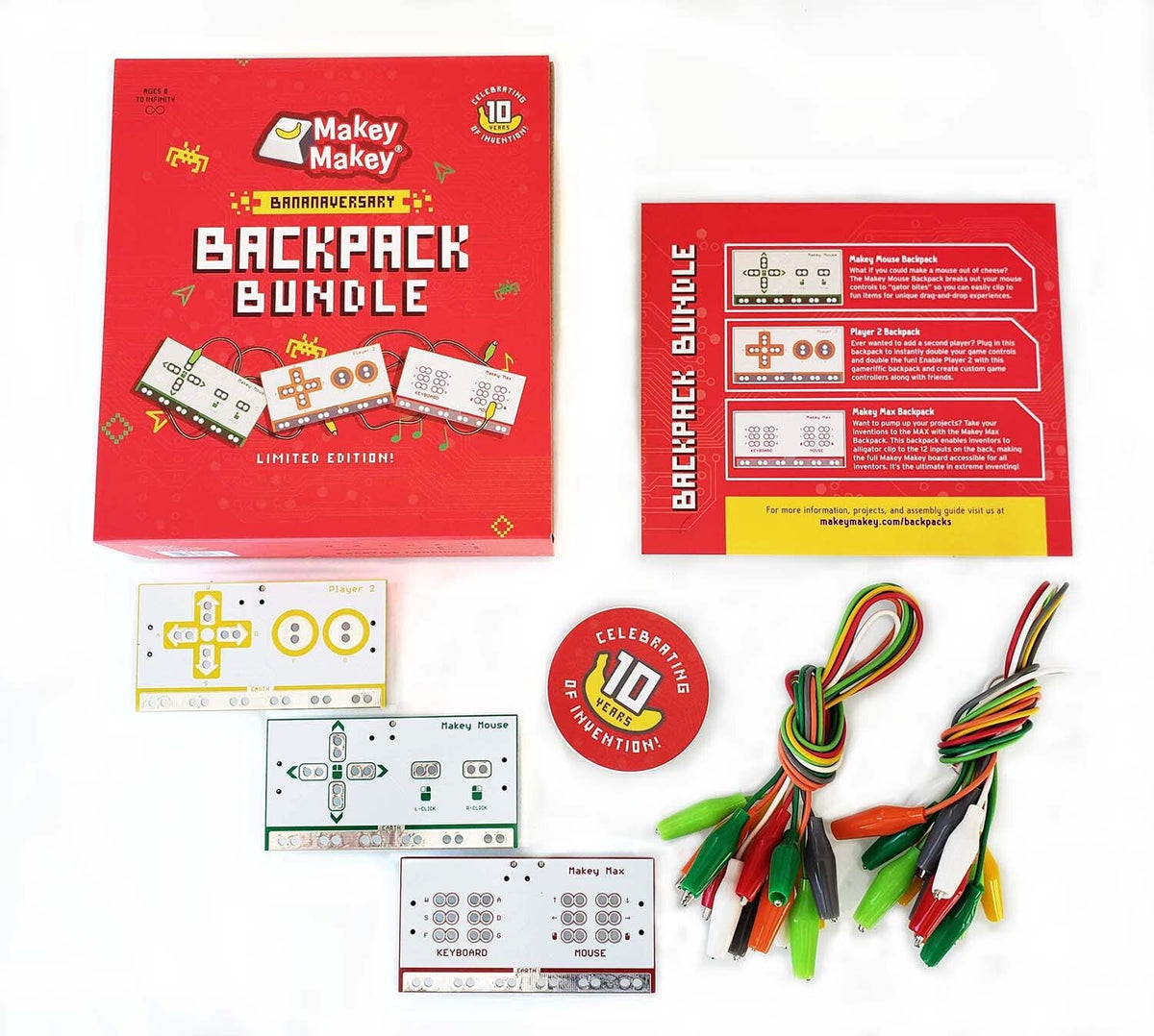 Makey Makey Backpack Bundle mit drei Erweiterungsplatinen, Anschlusskabeln und Verpackung