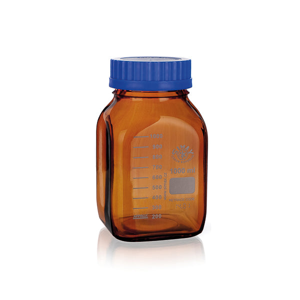 Gewindeflasche, graduiert, ISO, GL80, Borosilikatglas 3.3, Braunglas, 2000 ml