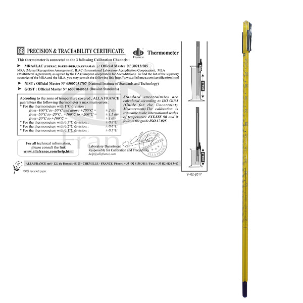 Thermometer, in Stabform, mit Präzisions- und Nachverfolgbarkeitszertifikat, Alla France, -10 + 60 °