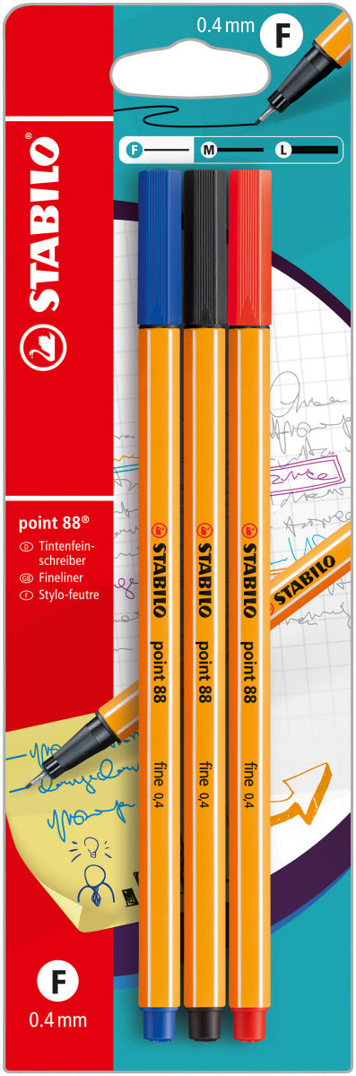 STABILO Fineliner point 88 (3er-Set) 1 x schwarz, 1 x blau, 1 x rot